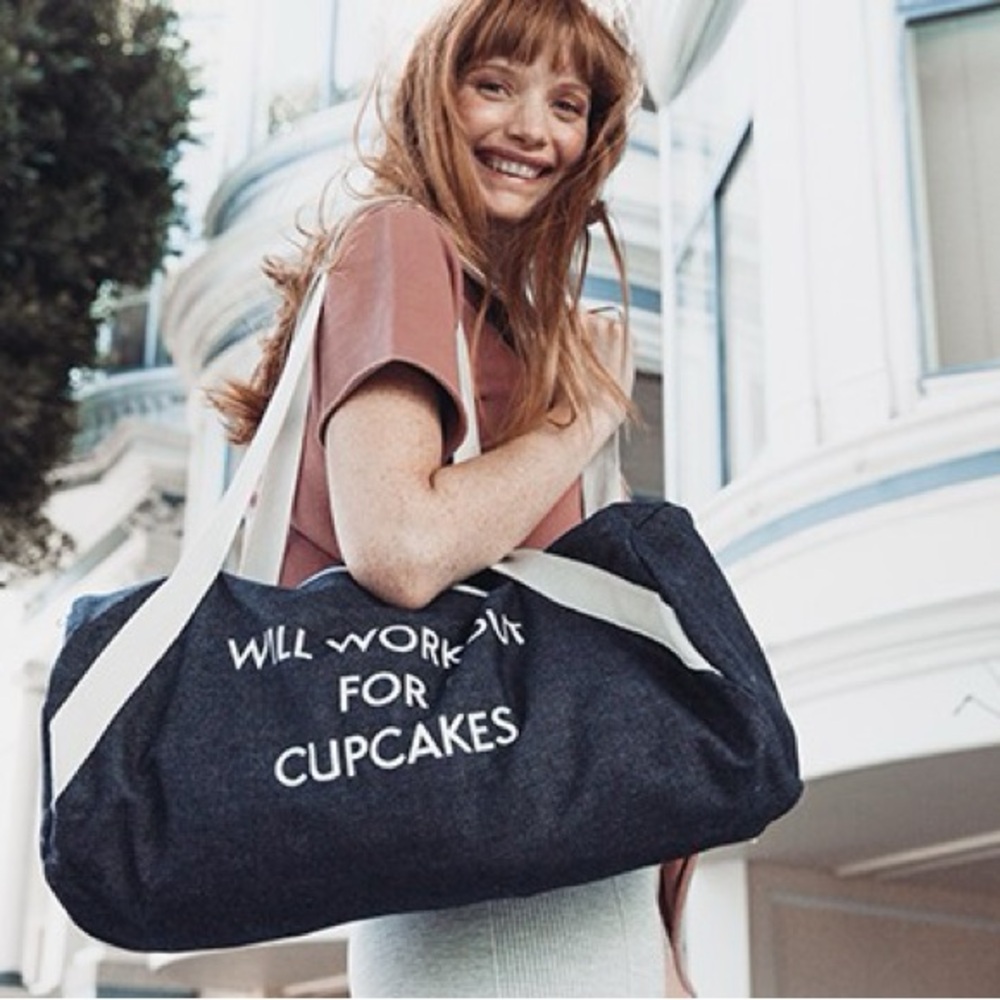 PRIVATE PARTY Denim Gym Bag Will Workout for Cupcakes, Denim Gym Bag.